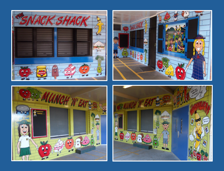 Canteen transformations by Art by LJ with cartoon students and healthy eating messages