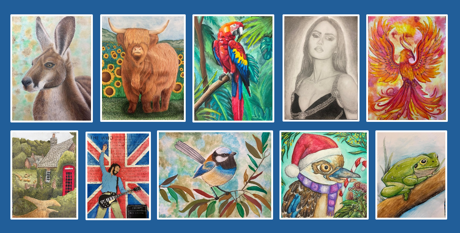 Free choice student paintings at Art by LJ including kangaroo, highland cow, macaw and parrot