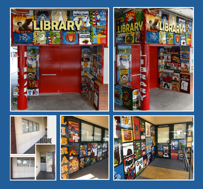 Library transformation wall art by Art by LJ with book cover collages and bold Library heading