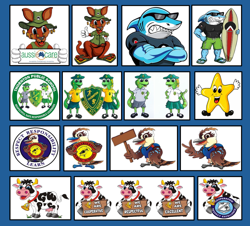 Custom mascot designs for schools and sporting teams including kangaroo, shark, kookaburra and star characters