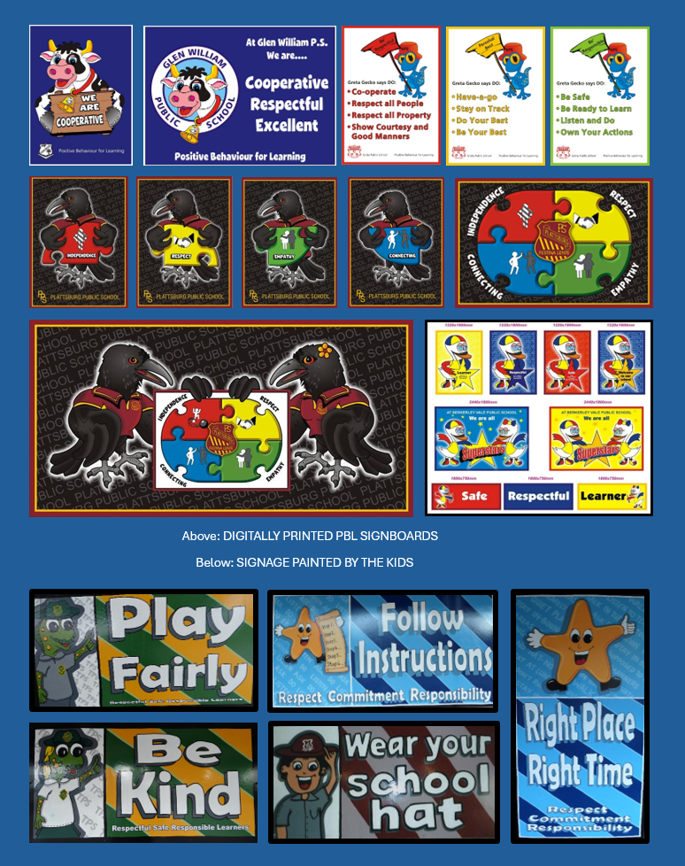 PBL value boards and school signage with mascots and positive messages by Art by LJ