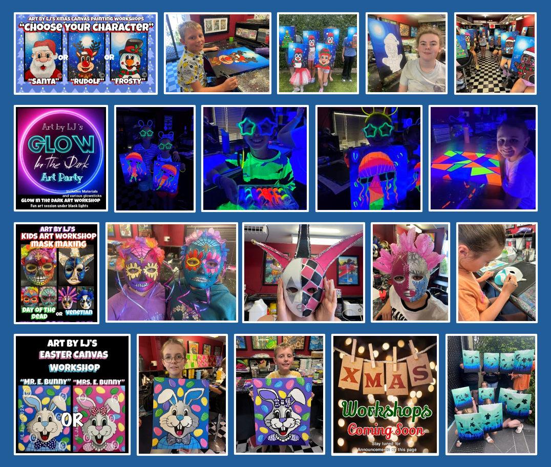 Workshop and event sessions at Art by LJ: character canvas, glow in the dark, Easter and Christmas workshops
